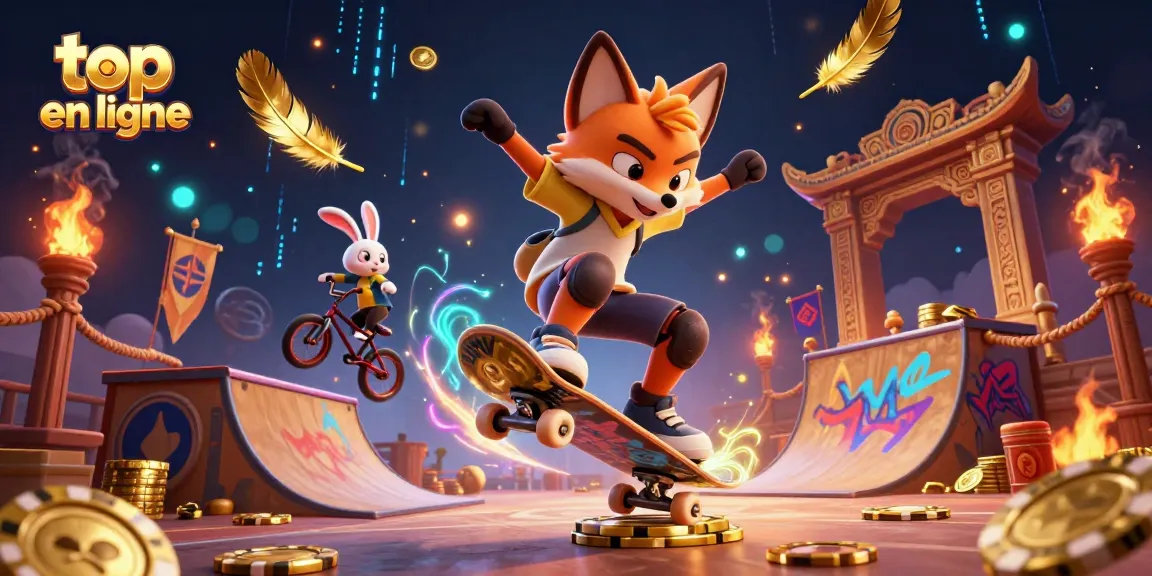 Illustration dynamique d'un skateboarder fox effectuant un kickflip au-dessus d'une rampe de jetons de poker, pour le top casino en ligne.
