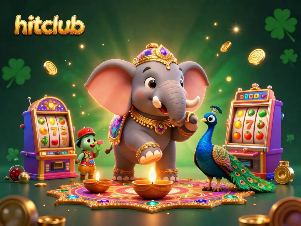 Experience the excitement of hitclub with colorful 3D slot machines and a vibrant elephant cartoon in an energetic casino scene.