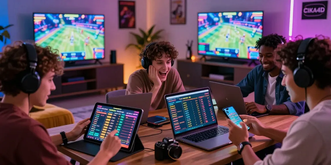 Engaging scene of diverse individuals betting on CIKA4D through digital devices in a lively living room atmosphere.