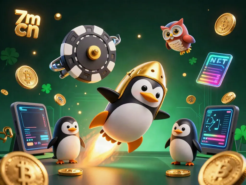 Experience gaming with 7m cn through a vibrant 3D cartoon scene featuring a rocket-powered penguin and coin trail.