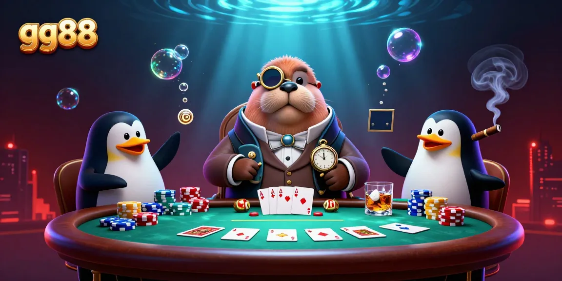 Experience thrilling poker action with gg88 in a vibrant underwater casino scene featuring unique characters.