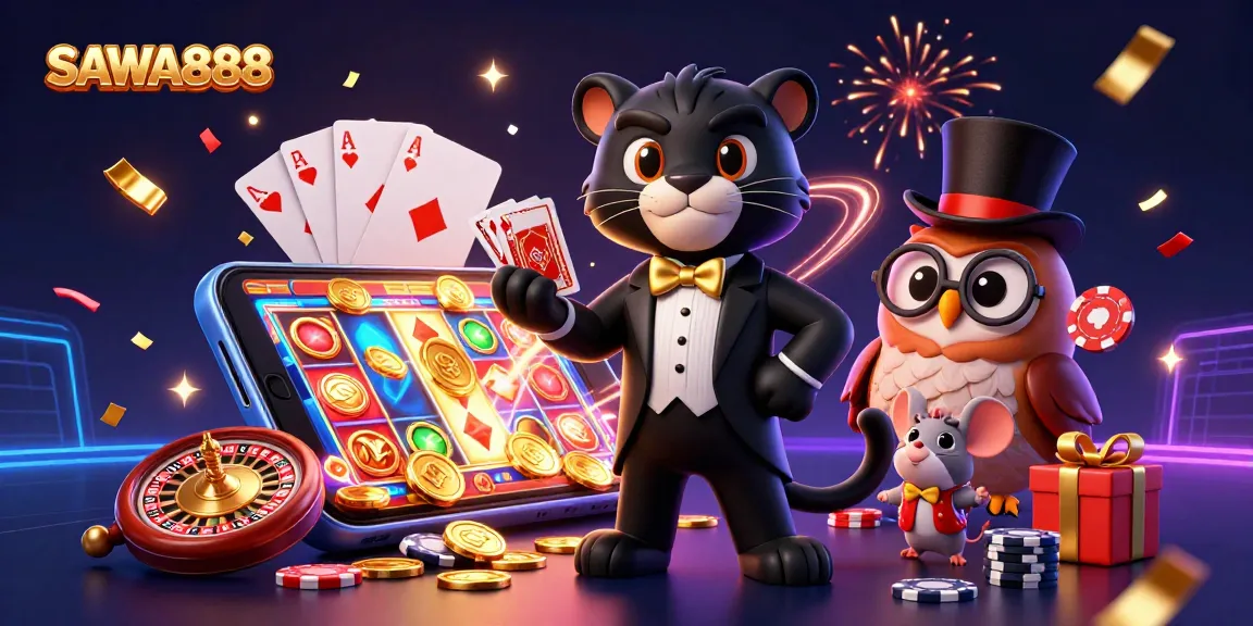 SAWA888 provides endless excitement as a black panther deals cards in a vibrant casino setting.