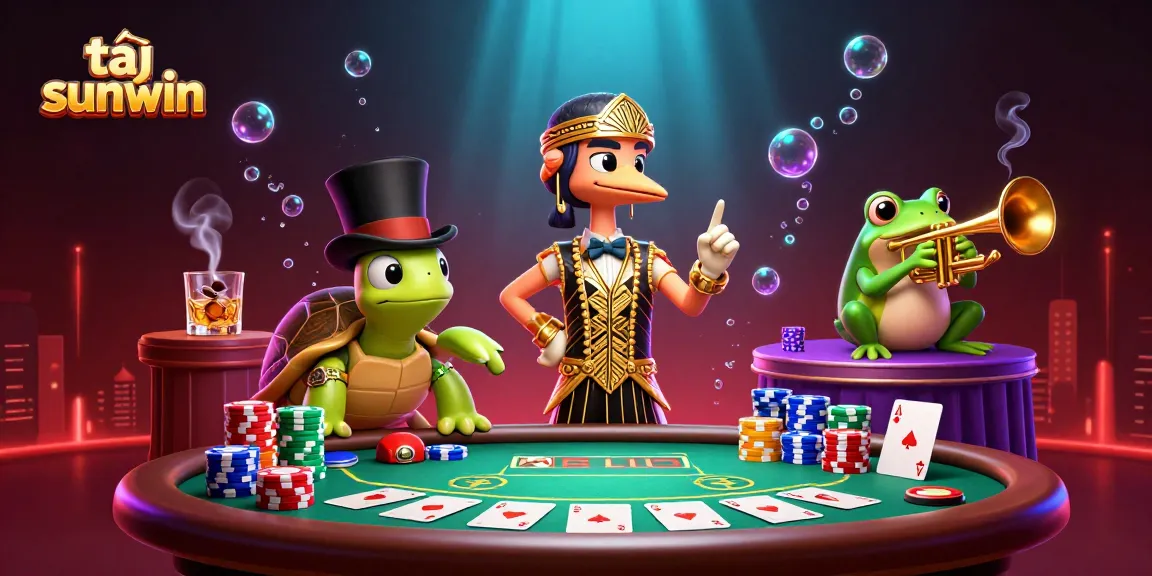 Play cards and win with tải sunwin in a vibrant speakeasy scene filled with 3D cartoon characters.