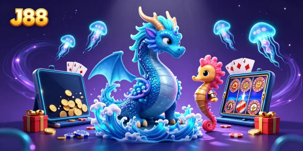 Engage in thrilling gameplay with J88, featuring a vibrant dragon, coral knight, and neon jellyfish.