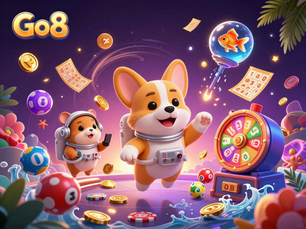 Go8 casino illustration with a corgi astronaut, colorful lottery elements, and whimsical characters.