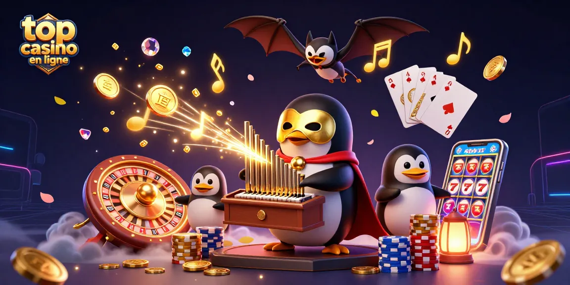 Découvrez le top casino en ligne avec un pingouin jouant d'un orgue, des pièces d'or et des bijoux scintillants.