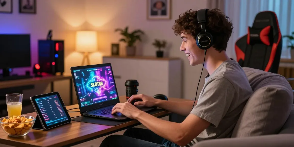 slot88 login game setup with a laptop featuring vibrant graphics, snacks, and LED lights in a cozy environment