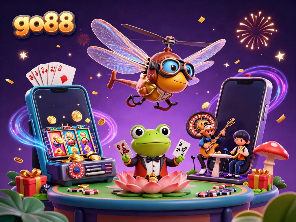 Go88's vibrant casino scene highlights a dragonfly pilot and frog dealer in action.