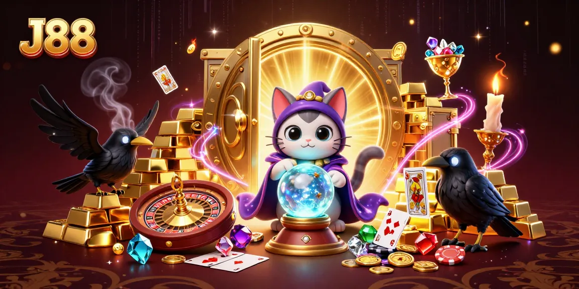 Bet on J88 and win with a fortune teller cat and mystical elements in a vibrant casino scene.