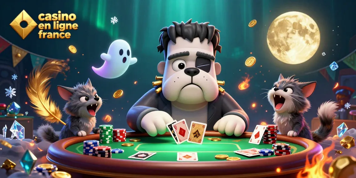 Plongez dans un univers de casino en ligne France avec un bulldog Frankenstein et un chaton loup autour d'une table de poker.