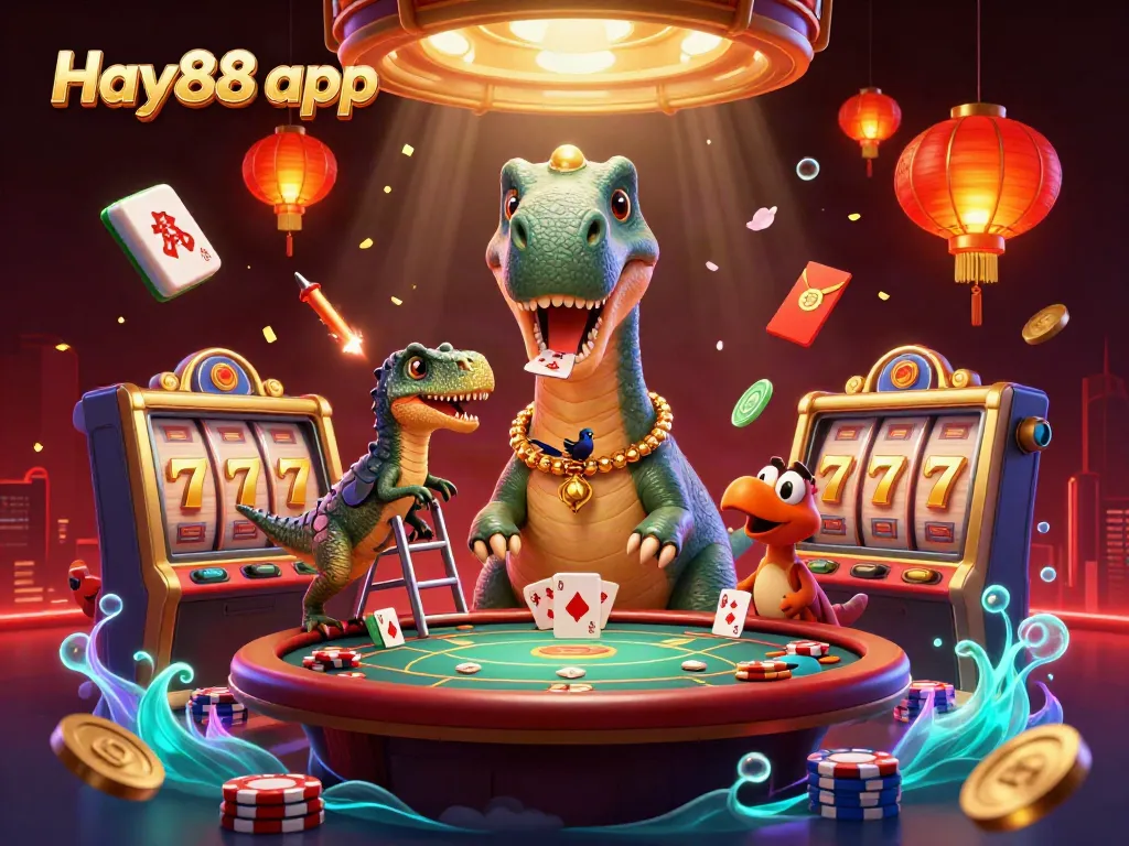 Play exciting games with the Hay88 app at an animated casino filled with vibrant characters and elements.