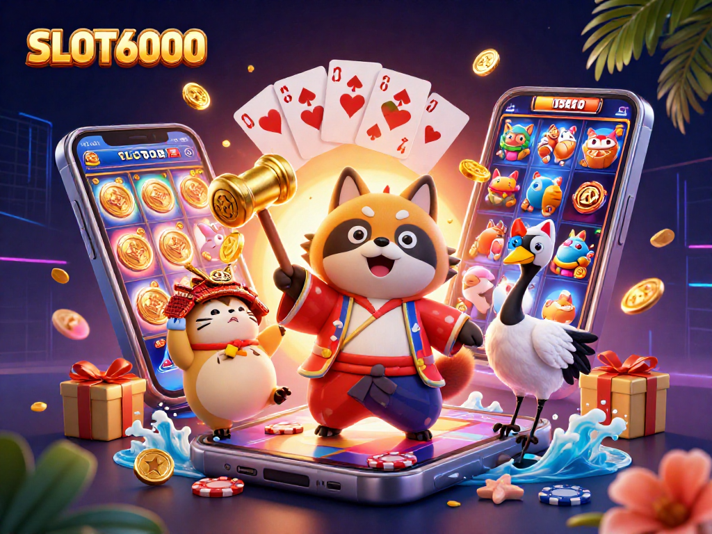 Experience the thrill of SLOT6000 with a cheerful tanuki, lucky cats, and dynamic gaming elements.