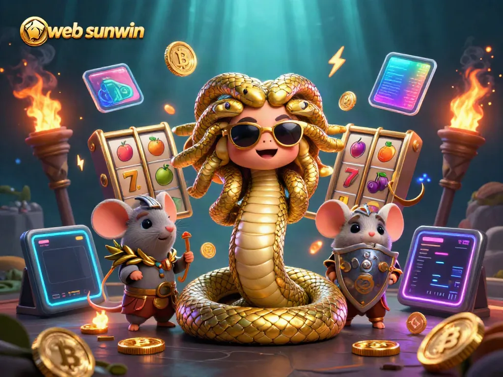 Spin the reels at web sunwin with vibrant Medusa, celebrating a jackpot in a dynamic casino scene.