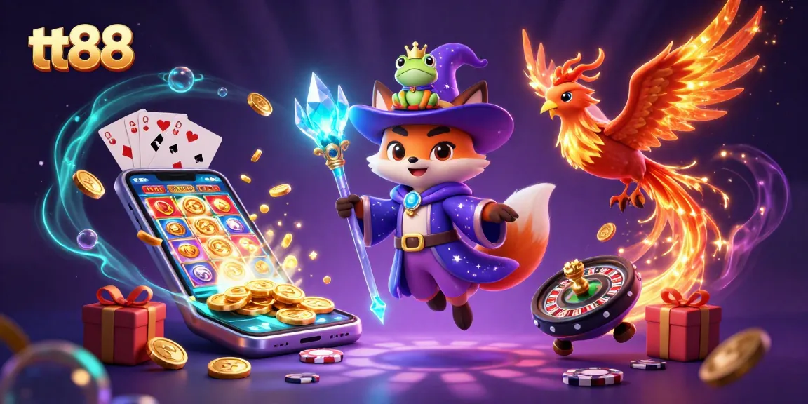 Engage in thrilling games at tt88 with a magical gambling scene including a wizard, phoenix, and casino icons.