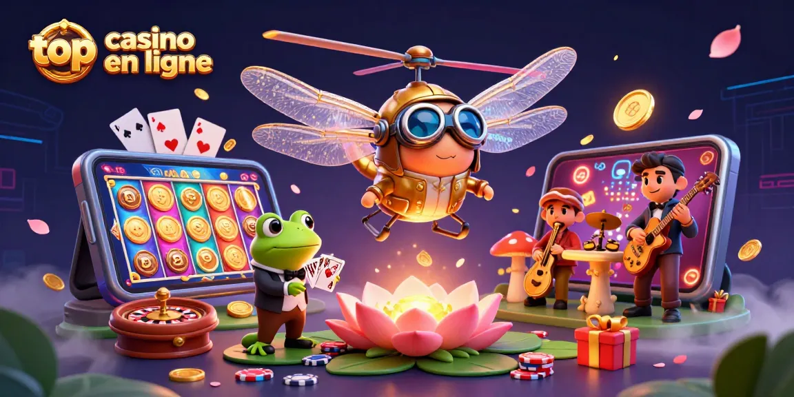 Illustration captivante de top casino en ligne avec un libellule pilote et un croupier grenouille.
