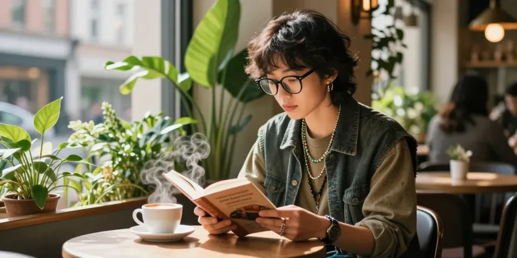 Pessoa com óculos de grau elegante lendo em um café, ambiente aconchegante e iluminado.