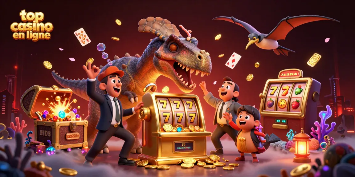 Jouez au top casino en ligne : un pachycephalosaurus remportant des jetons d'or avec une machine à sous.