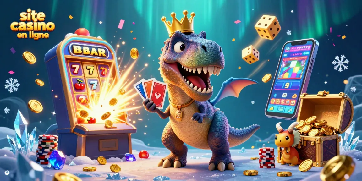 Jouer sur un site casino en ligne avec un T-Rex amusant et un bébé tricératops entourés d'animations de casino scintillantes.