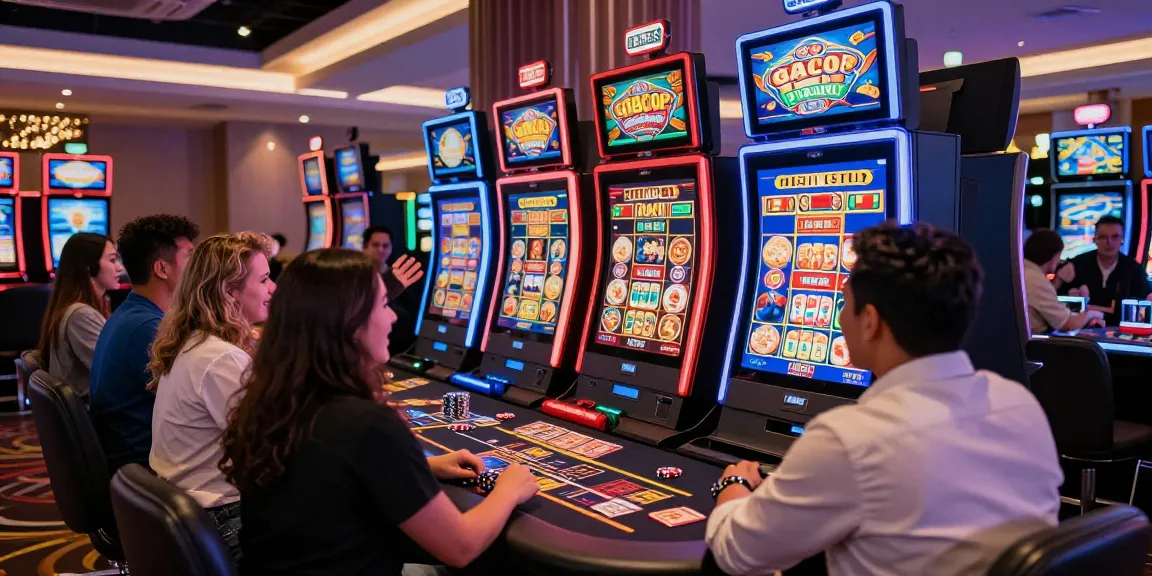 Players engaging at a casino table with link slot gacor machines, celebrating wins amidst vibrant gaming atmosphere.