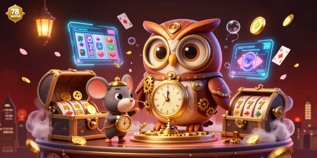 Engage with 78wind's dynamic casino world featuring an owl and vibrant game elements.