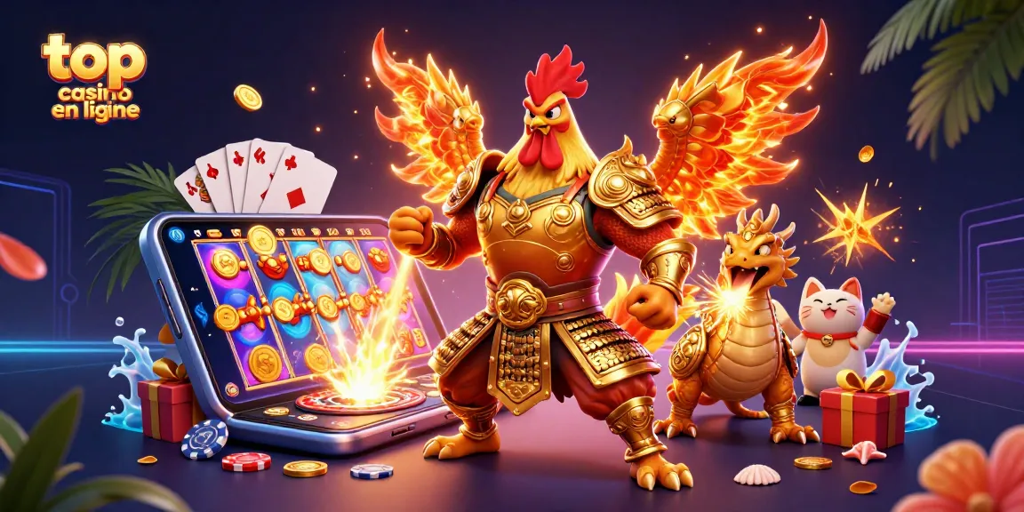 Profitez du top casino en ligne avec un guerrier coq et un dragon dans une scène dynamique.