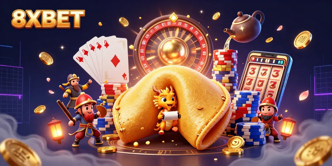 Experience thrilling wins at 8XBET with a vibrant casino-themed illustration featuring golden treasures and game elements.