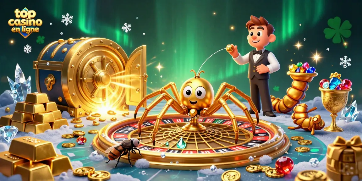 Pariez au top casino en ligne avec l'araignée dorée et le croupier mille-pattes autour du filet de la roulette.