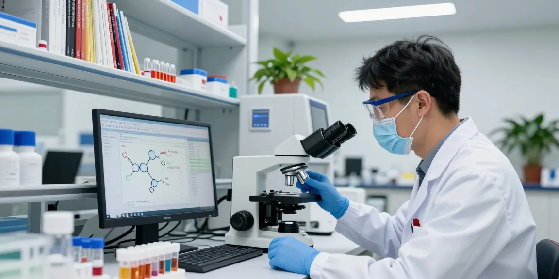 Copper peptide research in a laboratory with a scientist examining peptide samples and molecular charts.