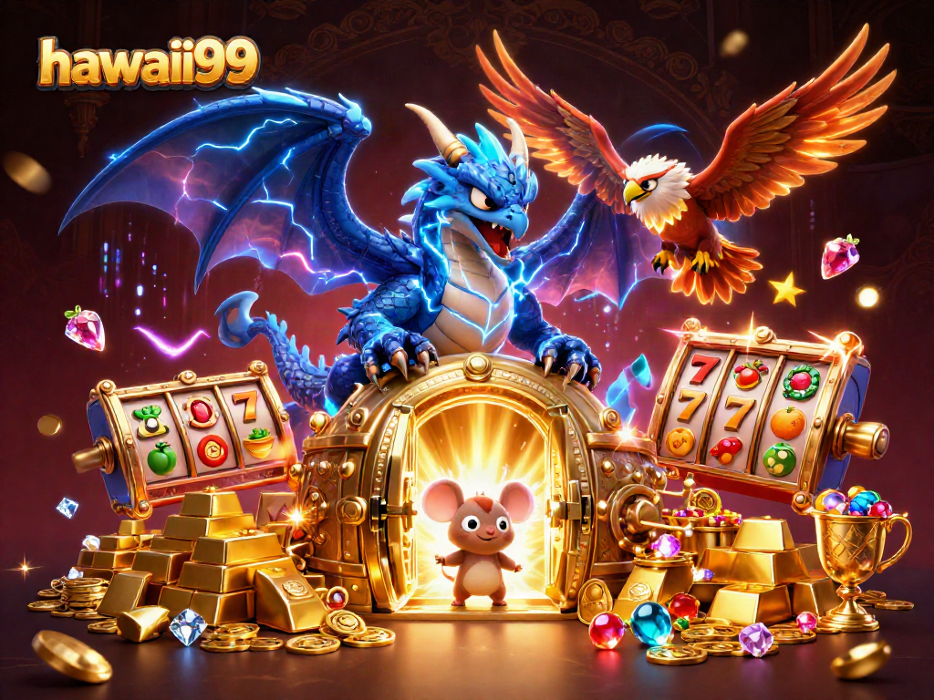 Engaging cartoon scene featuring hawaii99 with vibrant slot elements and electrifying characters.