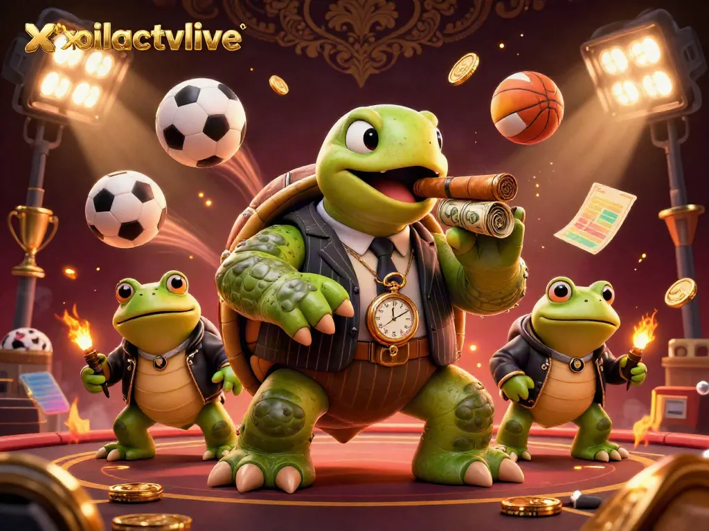 Experience the excitement of online sports with xoilactvlive's vibrant 3D illustration of a snapping turtle mobster and bullfrog enforcers.