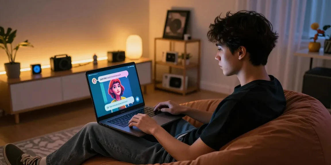 Engaging conversation with an AI chat NSFW character on a sleek laptop in a cozy room, showcasing innovative tech.