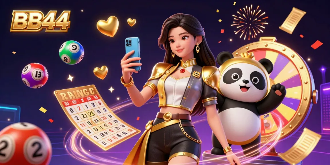 Engage with BB44's vibrant casino gaming experience featuring an Asian woman with a smartphone and a playful panda mascot.
