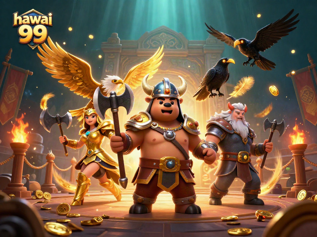 Engage in thrilling gameplay at hawai 99 with this dynamic Viking-themed casino illustration.