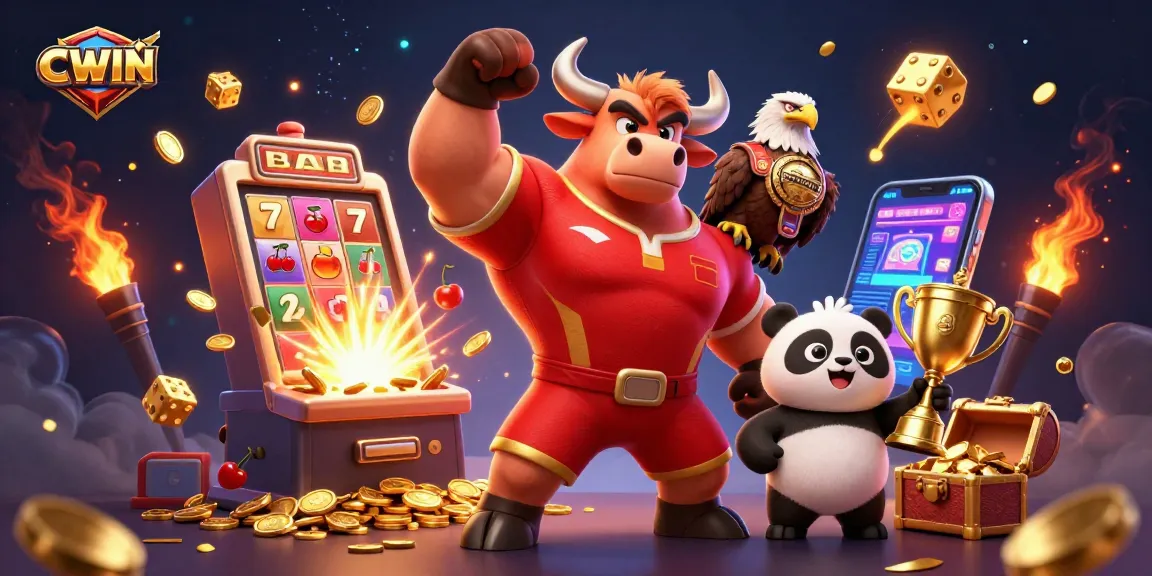 CWIN engages players with vibrant 3D visuals of a winning bull mascot, jackpot, and trophies in a lively casino atmosphere.