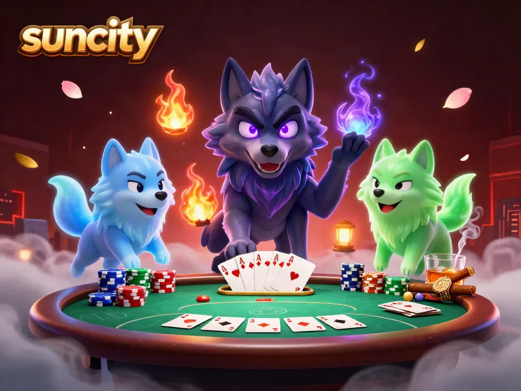 Engage in high-stakes poker at suncity with spectral wolves and vibrant casino elements.