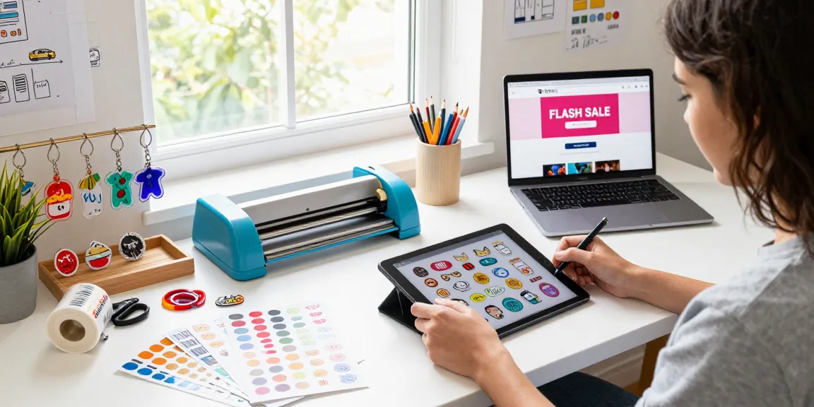 Creative workspace with custom stickers design process, showcasing vibrant materials and products.