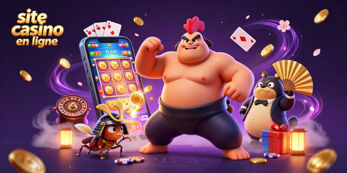 Profitez d'une expérience vivante sur un site casino en ligne avec un combattant de sumo et des éléments de jeu.