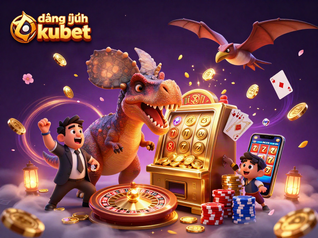 Engage with đăng nhập kubet while a pachycephalosaurus triggers a jackpot at a lively casino scene.