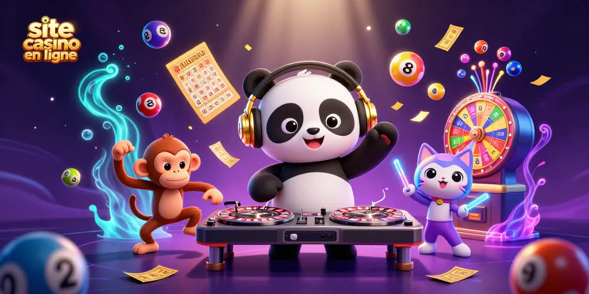 Dansez avec le site casino en ligne grâce à un panda DJ, un singe danseur et un chat lumineux entourés de jeux de loterie.
