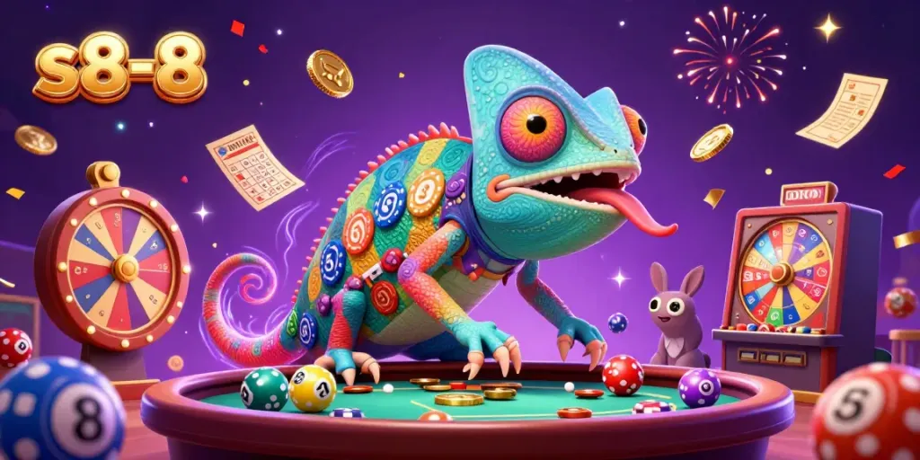 Experience the vibrant world of s8-8 with a dynamic chameleon casino owner capturing golden coins in this 3D illustration.