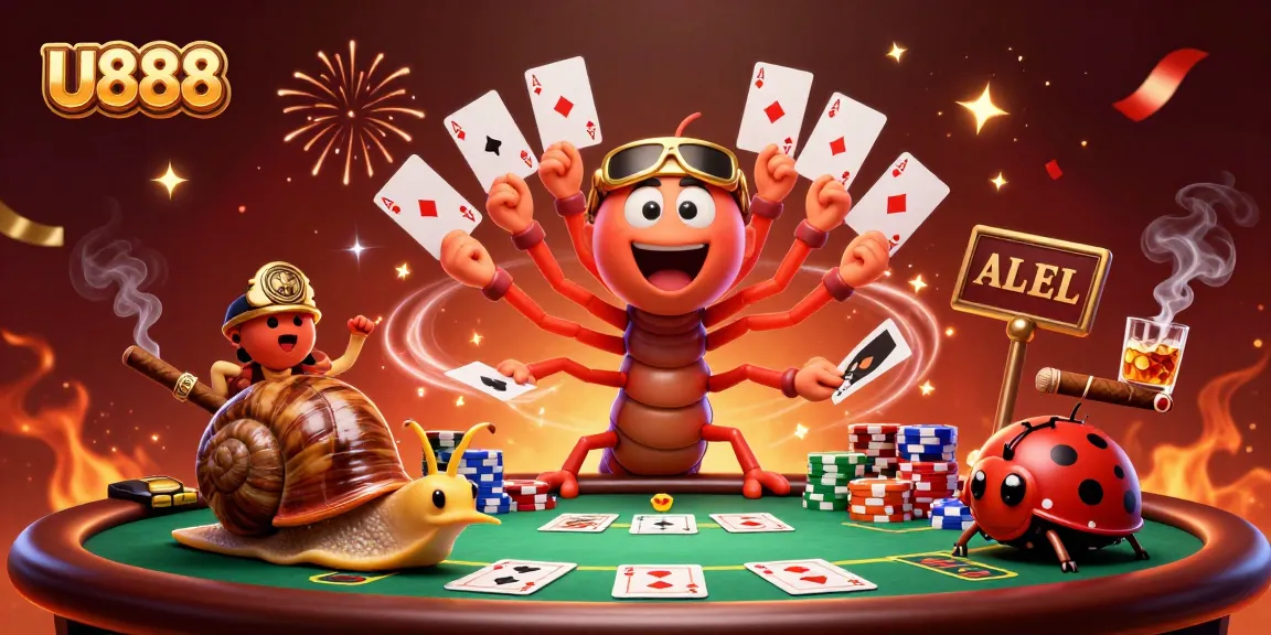 Experience thrilling poker action with U888’s vibrant 3D illustration featuring unique characters and lively casino elements.