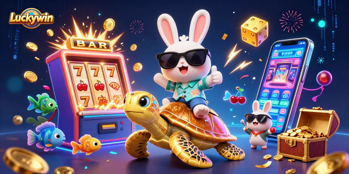 Join the Luckywin fun with a lively 3D illustration of a lucky rabbit and turtle amidst colorful casino elements.