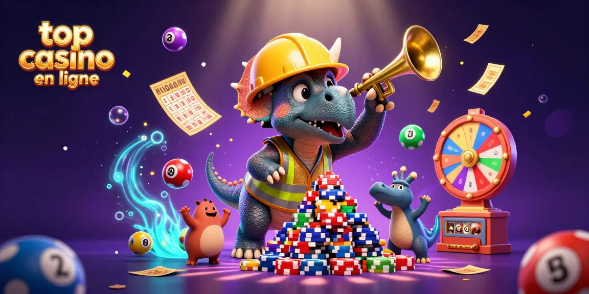 Illustration dynamique célébrant le top casino en ligne avec des personnages de dinosaures et des éléments de loterie.