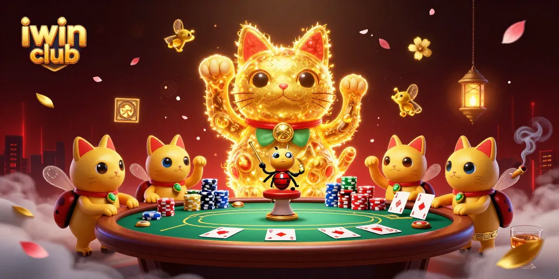 Join the fun at iwin club with a vibrant illustration featuring a lucky cat and casino elements.