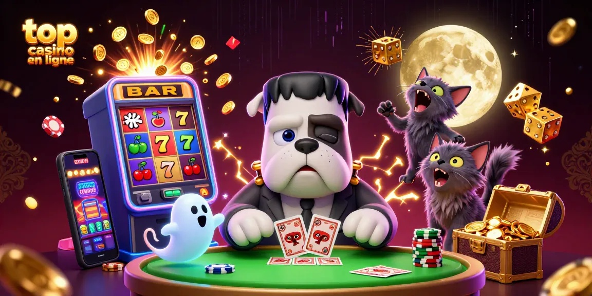 Visualisez le top casino en ligne avec un bouledogue monstre jouant aux cartes et un jackpot d'or.