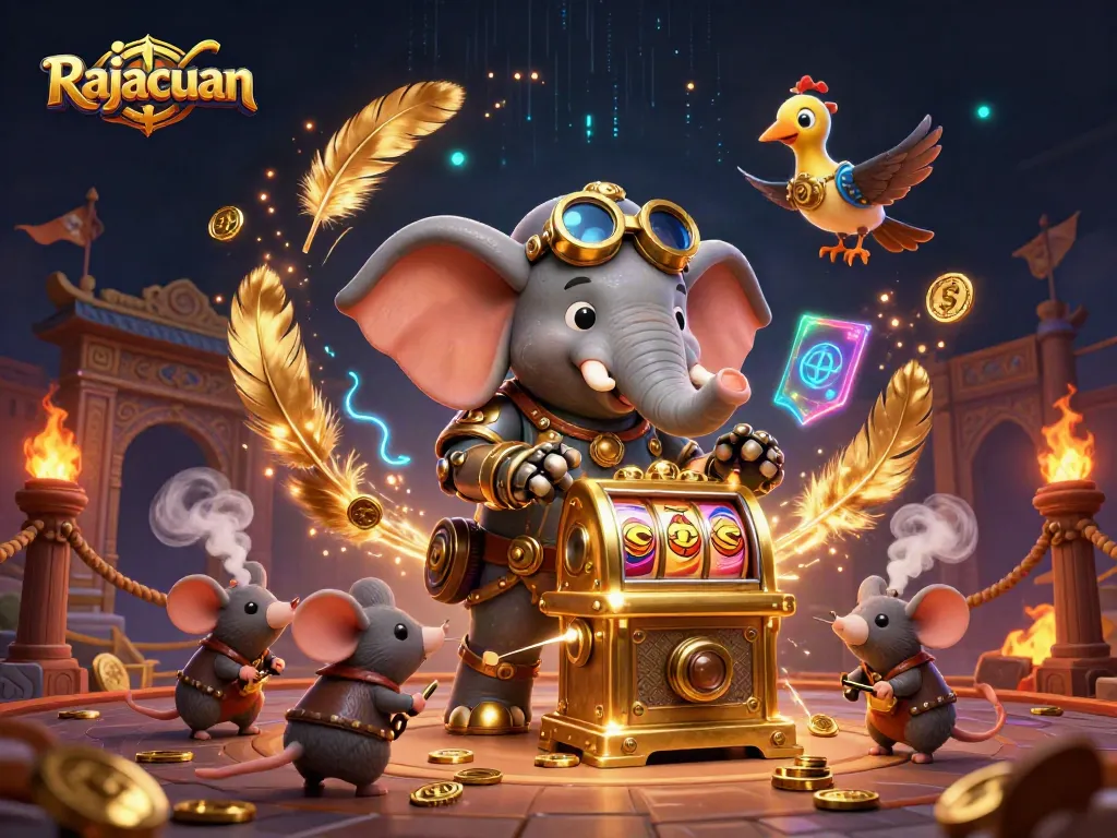 Engage in thrilling gameplay on Rajacuan's vibrant slots with an epic 3D gaming scene featuring steampunk elements.