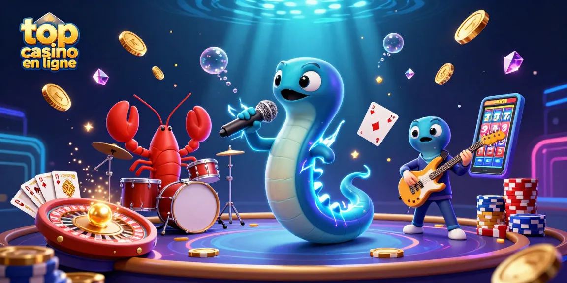 Illustration dynamique de top casino en ligne avec un electric eel DJ entouré de richesses aquatiques.
