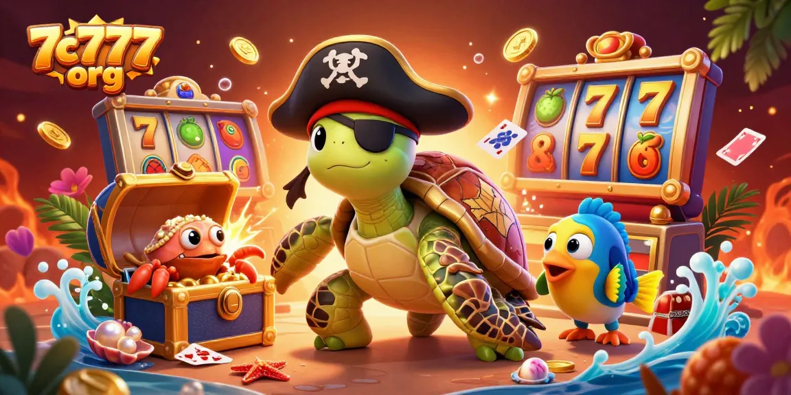 Engage with exciting games at 7c777 org featuring vibrant slot reels and a pirate turtle!