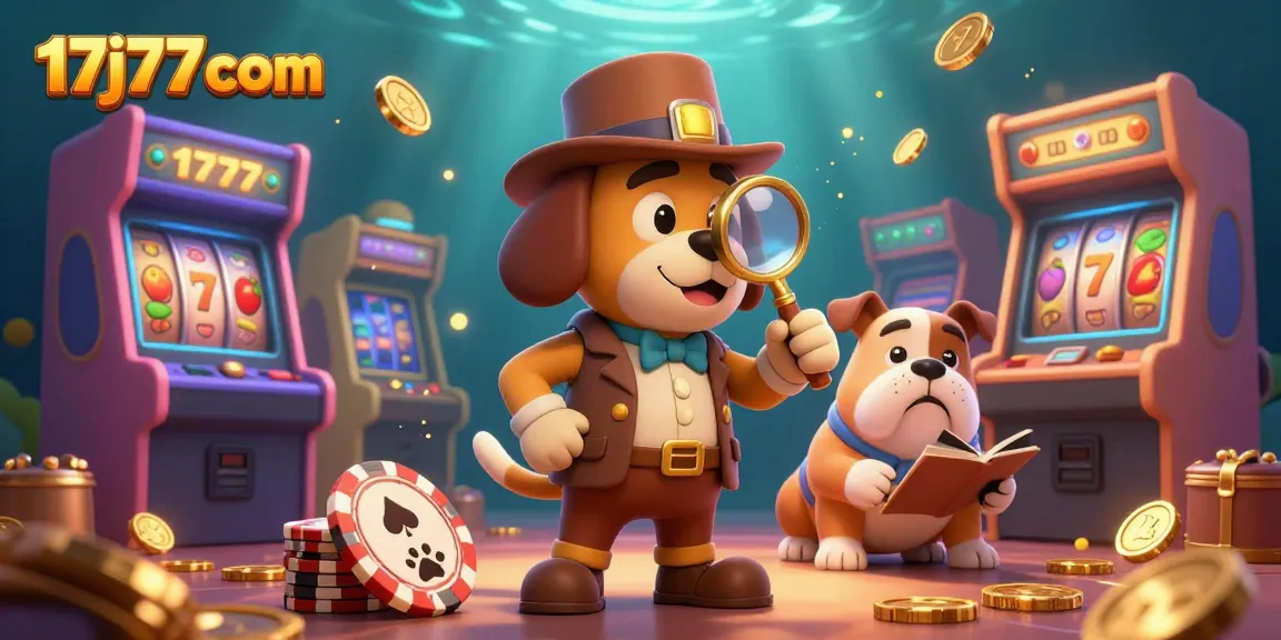Uncover treasures at 17j77 com with a detective and bulldog examining poker chip clues.