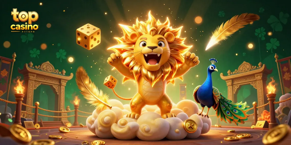 Jouez au top casino en ligne avec cette illustration dynamique et colorée, montrant un lion solaire et des éléments de jeu.